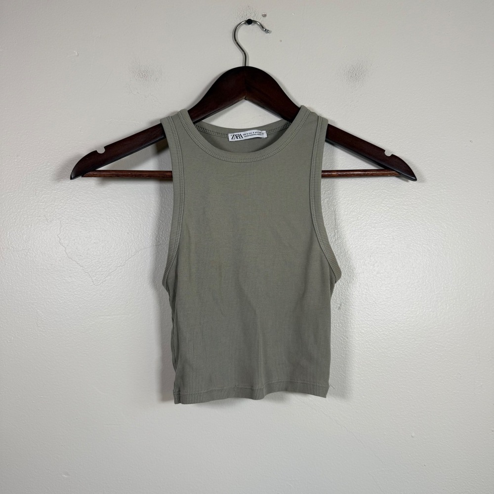 Zara Ribbed Racerback Cropped Tank Top Size Small Sage Green